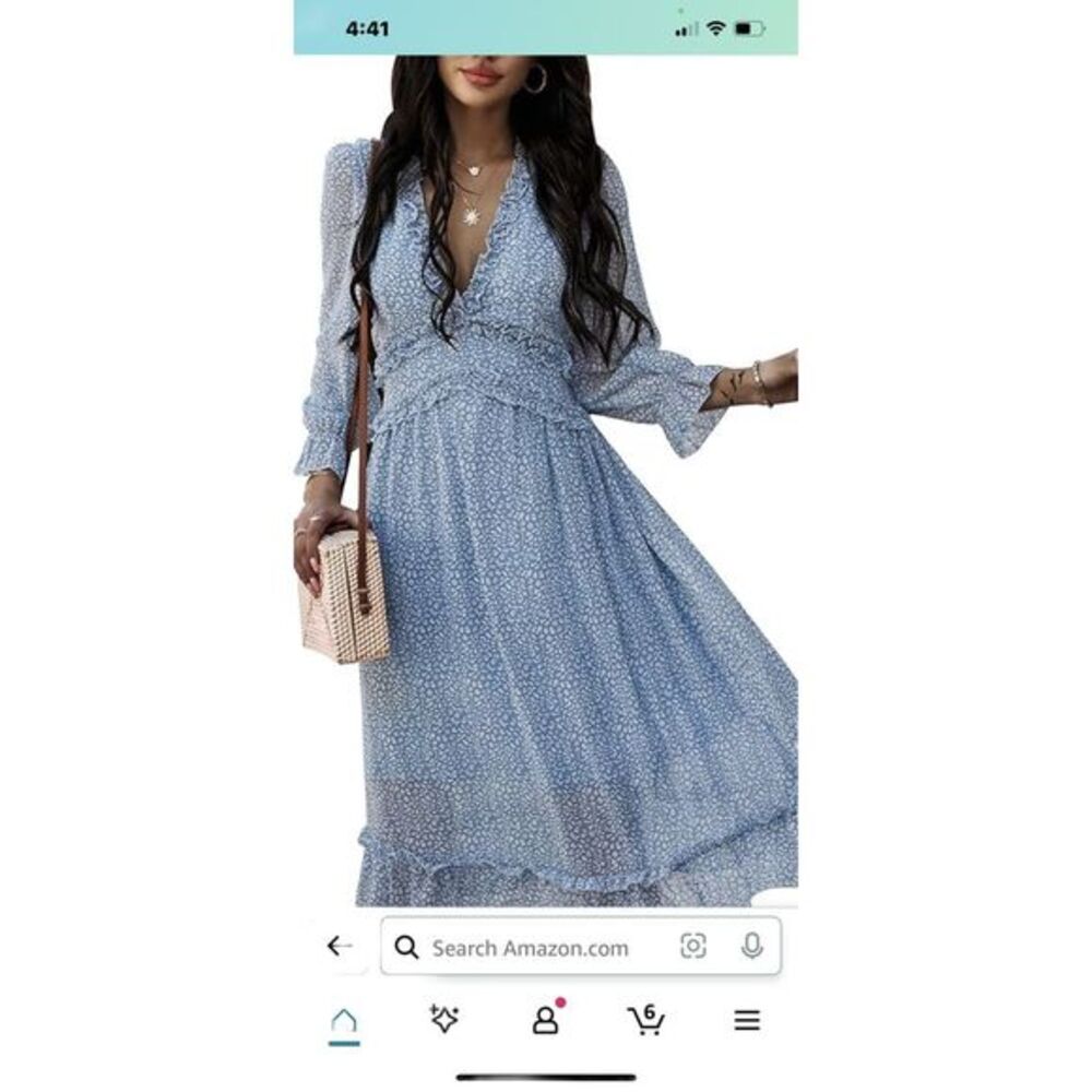 Simplee Women's Boho Maxi Dress‎ Bell Sleeves Ruffle Trim Blue And White XL NWT